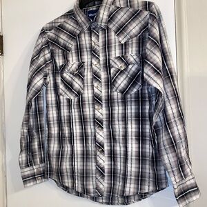 Wrangler Western Men’s Plaid Shirt Sz M Black/Gray/White Pearl Snaps Cowboy EUC